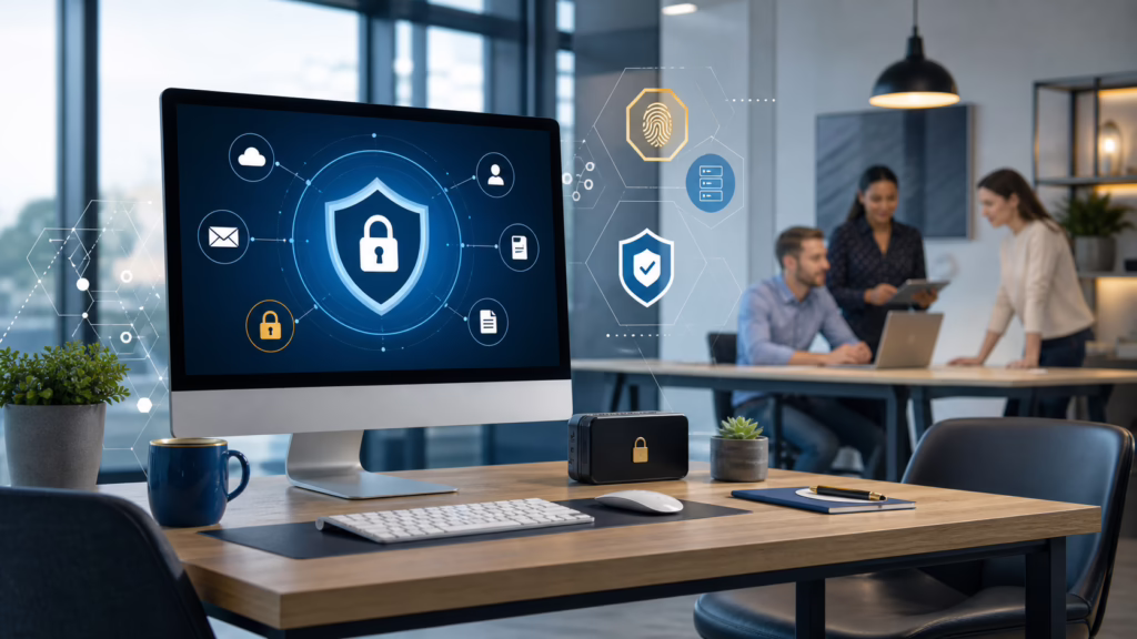 Small business IT security controls shown on a secure office workstation