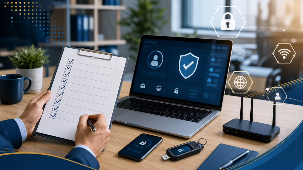 IT security checklist with laptop, MFA device, and secure network icons