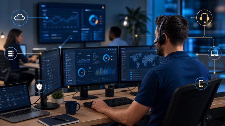 Managed IT support technician monitoring business systems and help desk activity