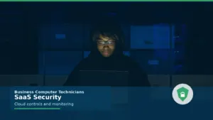 SaaS security professional working in a server room with cloud controls and monitoring