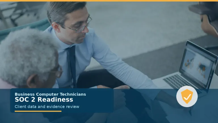 Professional services advisor reviewing client documents and audit evidence for SOC 2 readiness